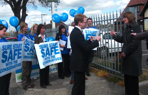 Harriet Harman MP with Conservative protesters who claimed 'Sure Start Safe with Conservatives'